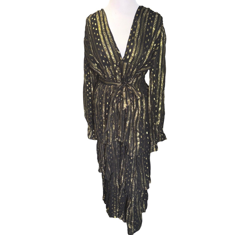 Victoria Dunn Dress XL Black Gold Metallic Stripe Tiered Maxi NWT V-Neck Flowy